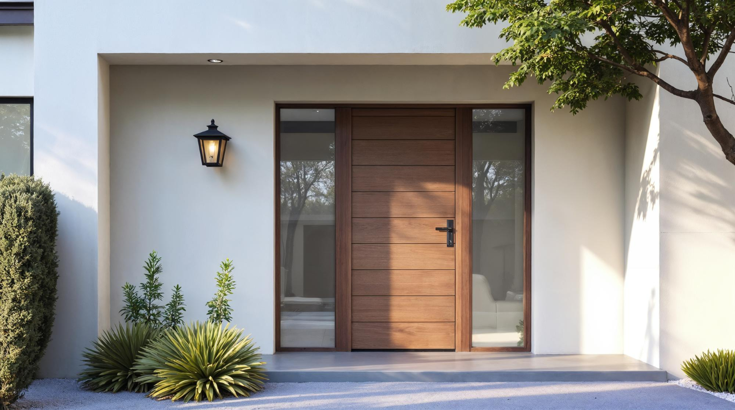 Entrée moderne avec porte en bois et impostes latérales